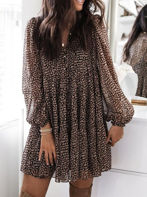 Long Sleeves Loose Buttoned Leopard Pleated V-neck Mini Dresses