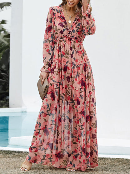 High Waisted Long Sleeves Flower Print Pleated Ruffled V-neck Maxi Dresses