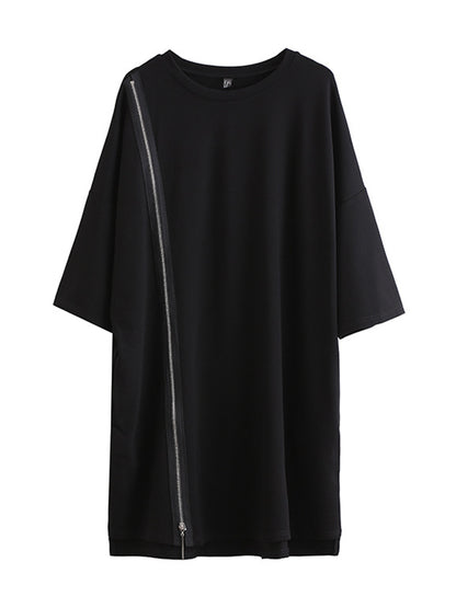 Original Black Zipper Batwing Sleeve Round-neck Mini Dress