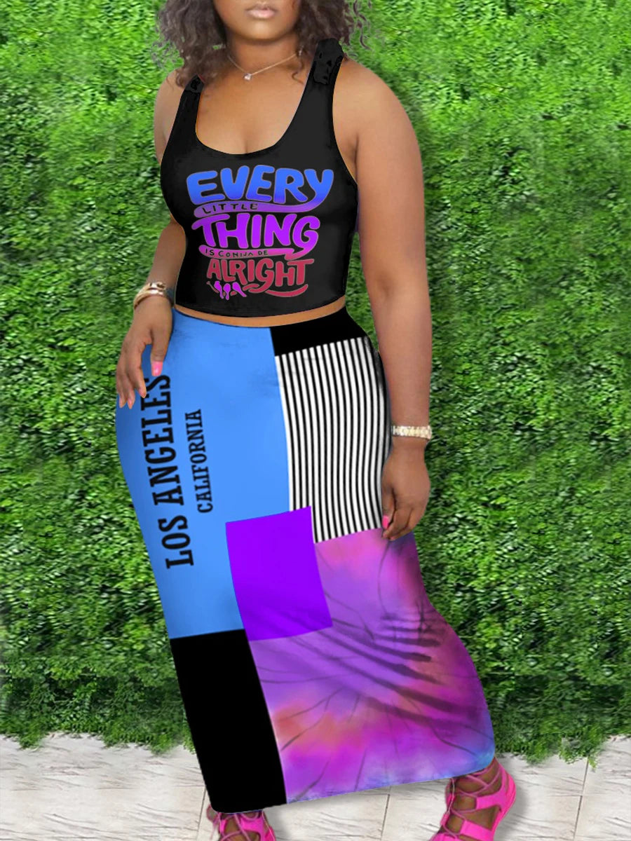 Outfits Two Piece Set ’s Letter Print Round Neck Crop Tank Top –
