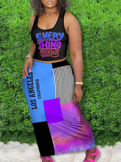 Outfits Two Piece Set ’s Letter Print Round Neck Crop Tank Top –