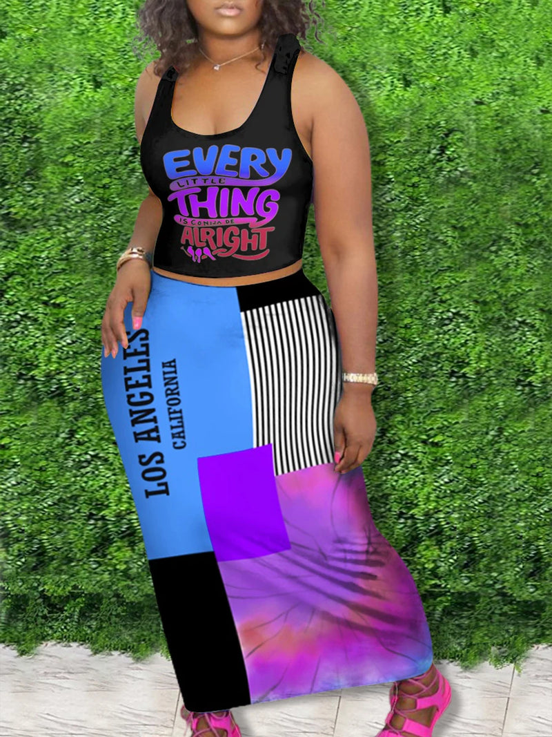 Outfits Two Piece Set ’s Letter Print Round Neck Crop Tank Top –