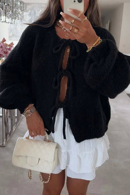 Stylish Color Crew Neck Lace-up Sweater
