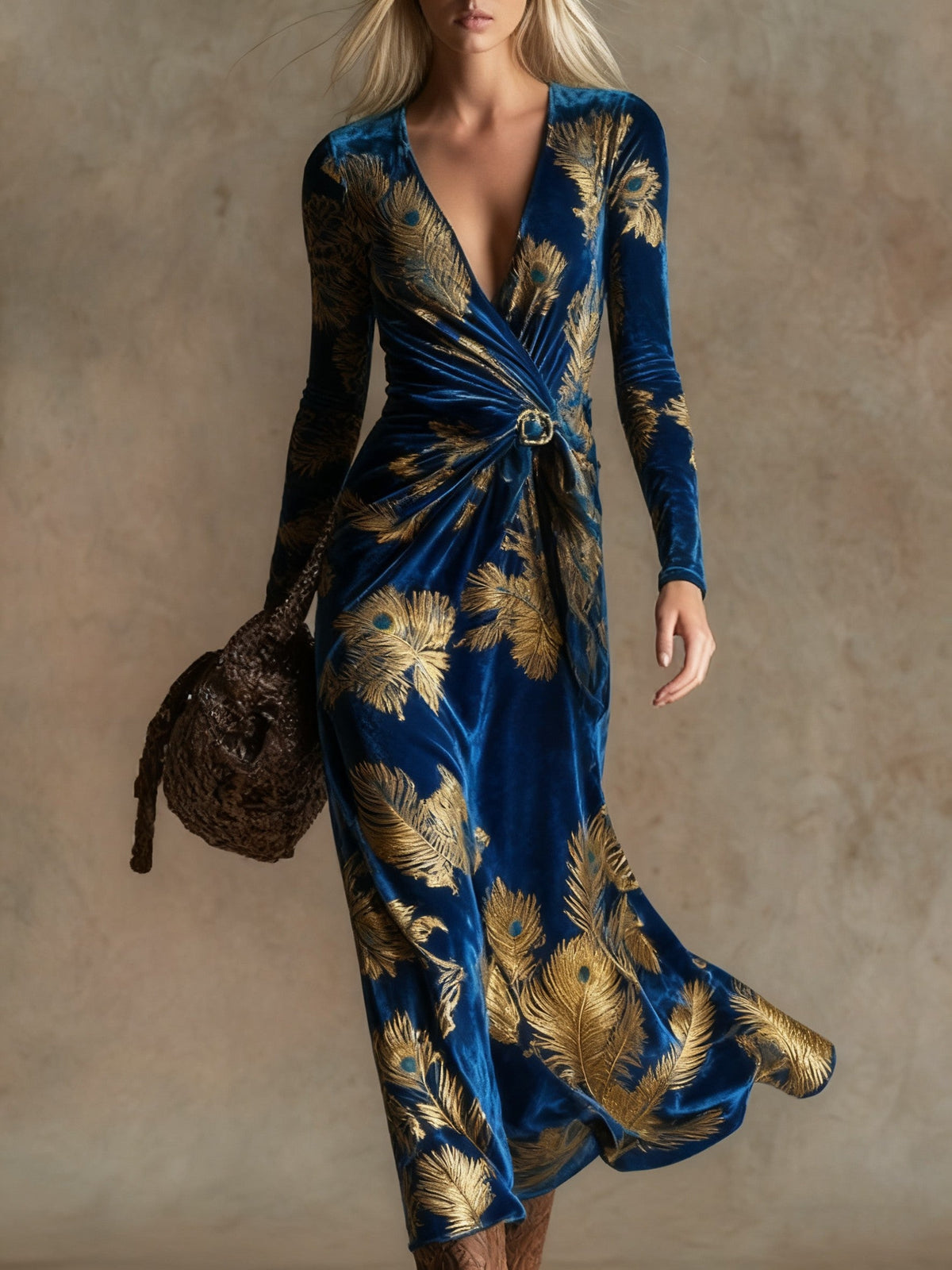 Elegant vintage print V-neck velvet maxi dress