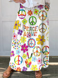 Women's Hippie Peace Love Floral Art Print Linen Pocket Skirt