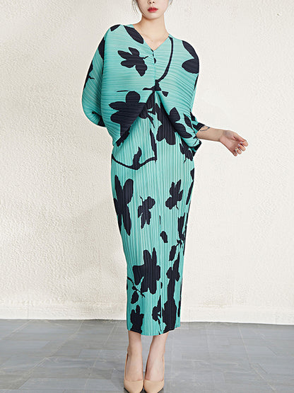 Batwing Sleeves Loose Pleated Printed V-neck Midi Dresses