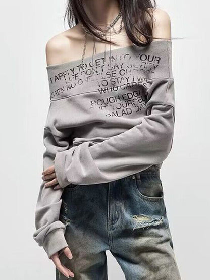 Gray Letter Print Off Shoulder Sweatshirt