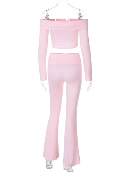 Folds Long Pant Sets Winter Bodycon Off Shoulders Short Pullover Femme High Waist Pants 2 Piece Suit Outfits