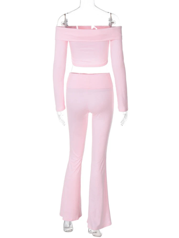 Folds Long Pant Sets Winter Bodycon Off Shoulders Short Pullover Femme High Waist Pants 2 Piece Suit Outfits