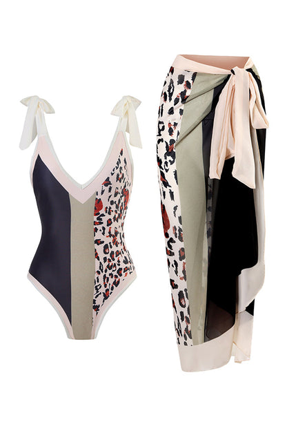 Full of Sunshine Printed Shoulder Tie One-piece Swimsuit With Midi Cover-up Skirt