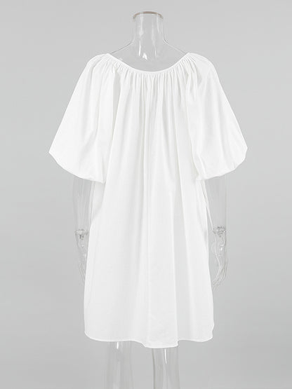 Loose Puff Sleeves Lace-up Pleated See-through Color V-neck Mini Dresses Sleep Dress