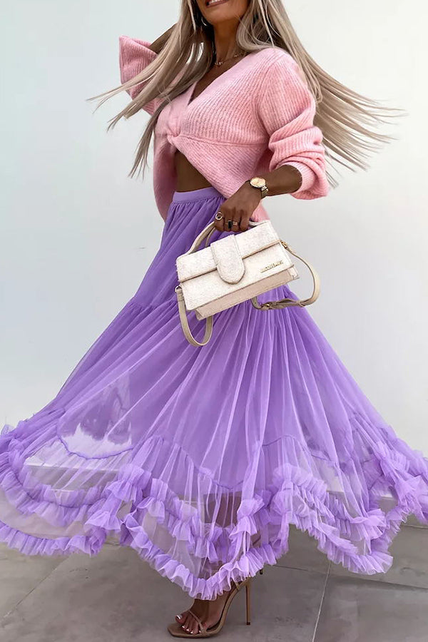 Tulle Stretch Waist Paneled Pleated Maxi Skirt
