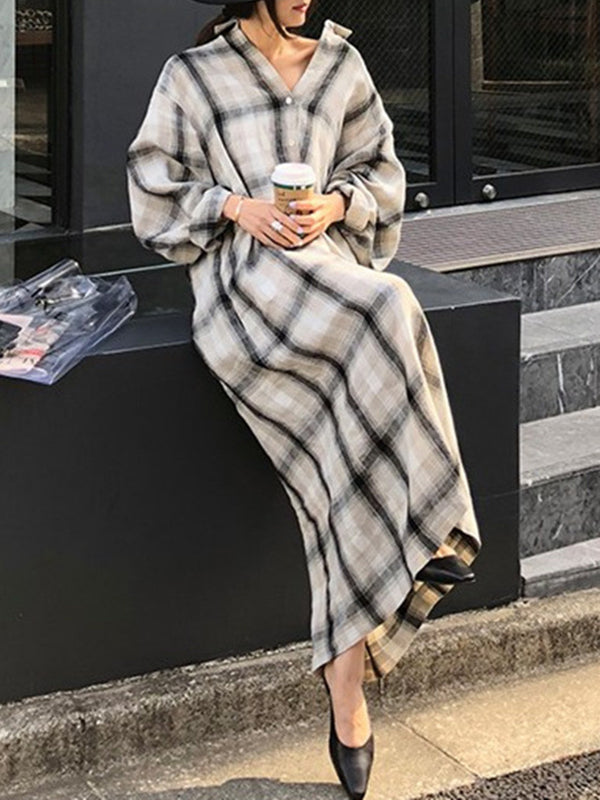Long Sleeves Loose Plaid Split-joint Tied Waist Lapel Maxi Dresses Shirt Dress