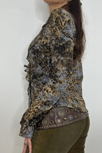 Animal Print Tie Front Ruffle Blouse
