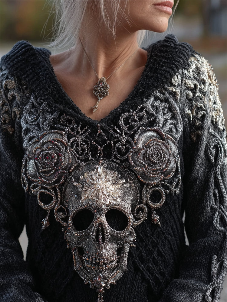 Comstylish Elegant Skull & Roses Beaded Hooded Cozy Knit Sweater