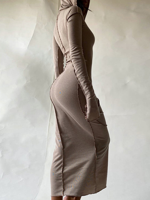 Long Sleeves Color Split-joint Hooded Maxi Dresses