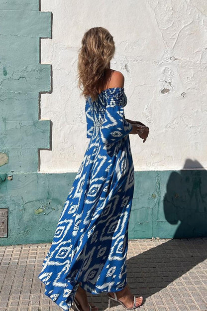 Street Vacation Style Print Off Shoulder Pocket Long Skirt
