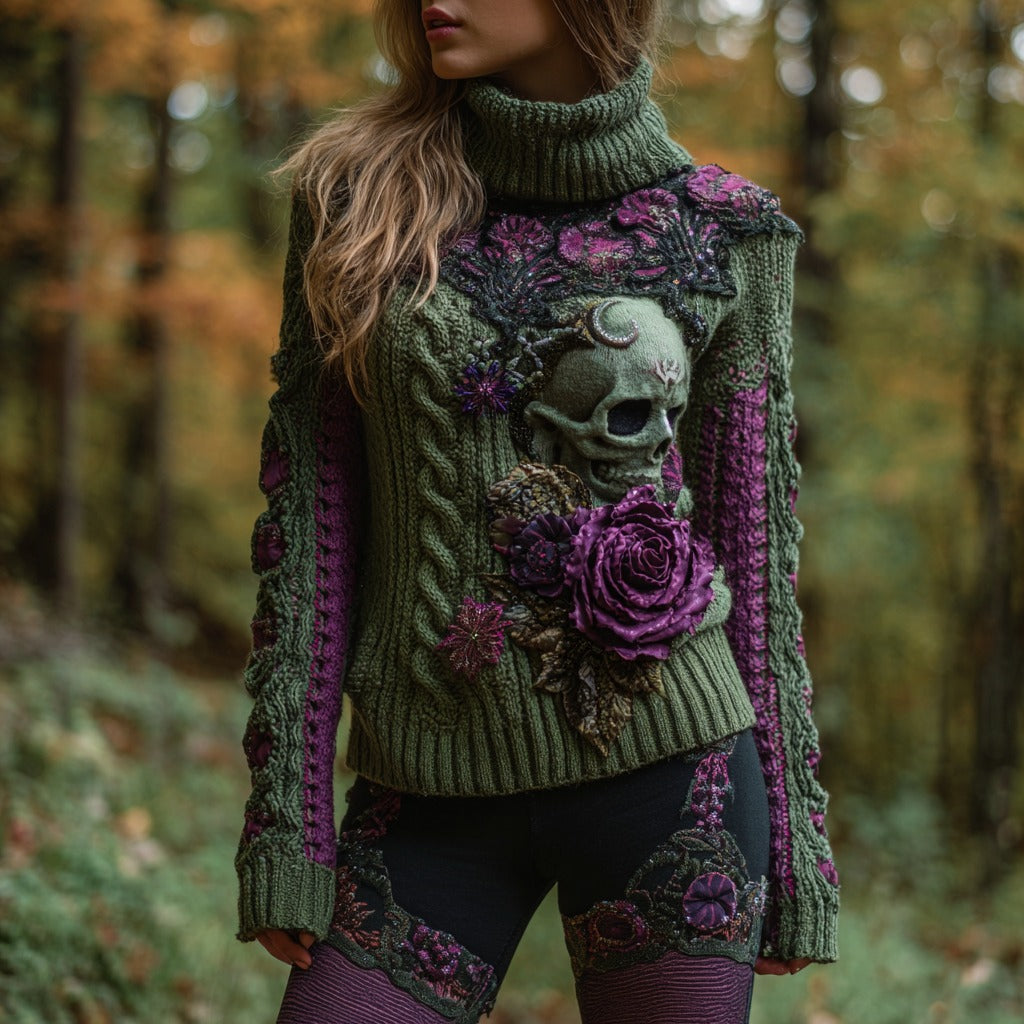 Women's Retro Sugar Skull And Rose Contrast Jacquard Cozy Warm Turtleneck Sweater elevenforest