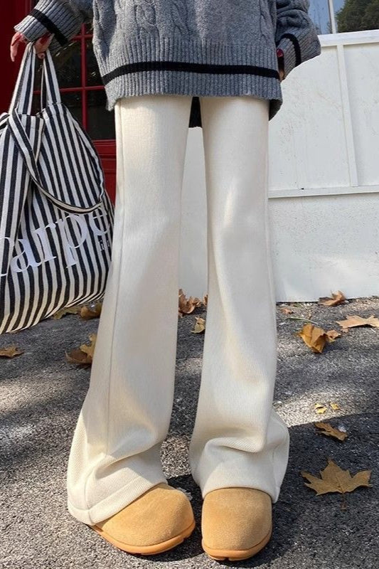 White Plush Flared Knit Pants
