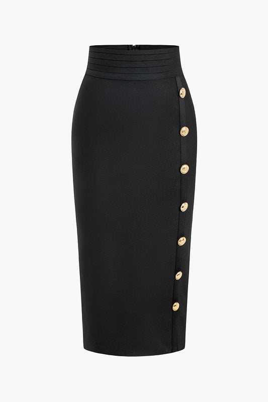 Color Knit Asymmetrical Button Skirt
