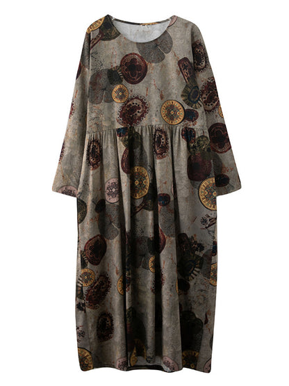 Artistic Retro Loose Long Sleeves Printed Round-neck Maxi Dresses