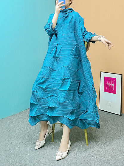 Long Sleeves Loose Pleated Color Stand Collar Maxi Dresses