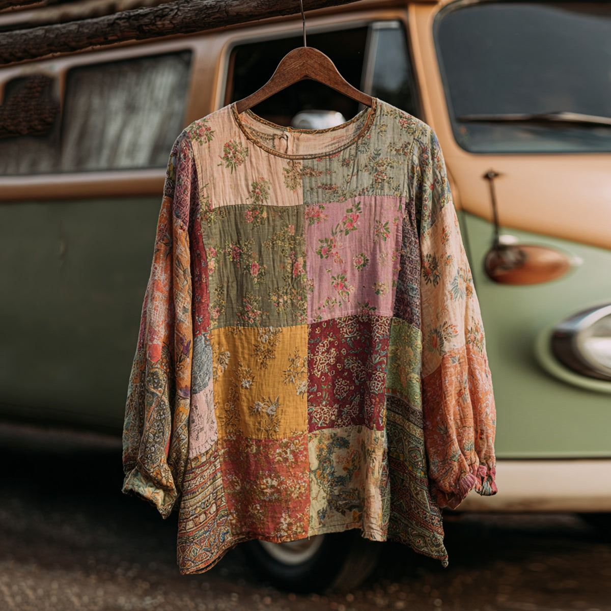 Countryside Style Collection Classy Patchwork Floral Pattern Art Linen Long Sleeve Tshirt elevenforest