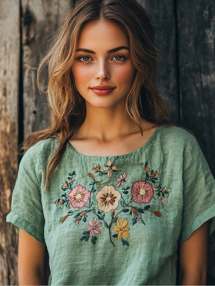 Boho Ethnic Floral Embroidery Women's Linen T-shirt elevenforest