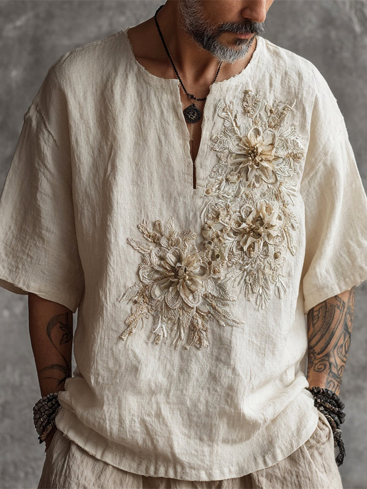 Boho3d Floral Art Men's Linen V-neck Shirt elevenforest