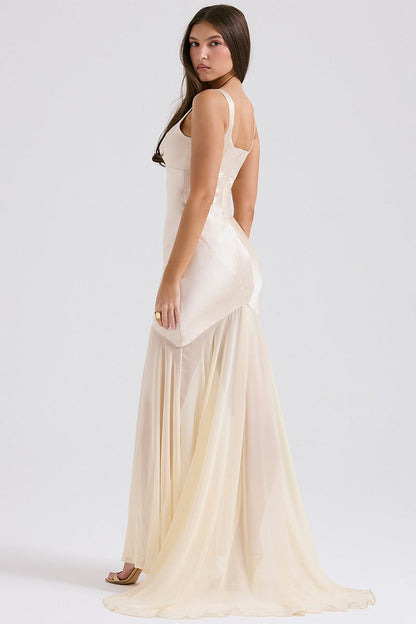 Flowy Satin Chiffon Patchwork Cami Bodycon Maxi Dress