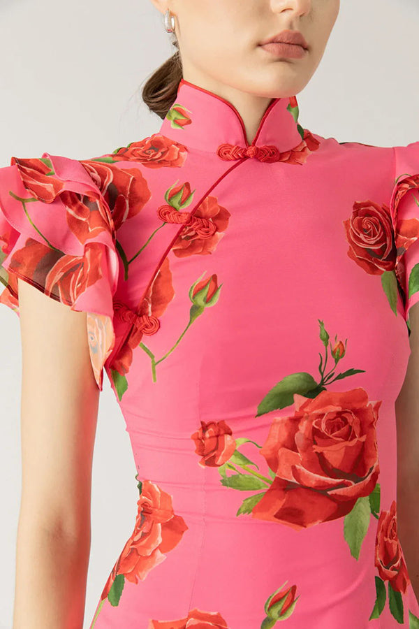 Party Cheongsam Style Rose Print Layered Flared Sleeve Elastic Long Skirt