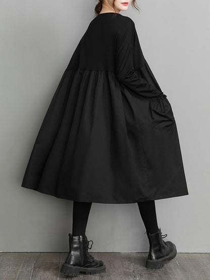Simple Loose Black Split-joint Long Sleeves Midi Dress