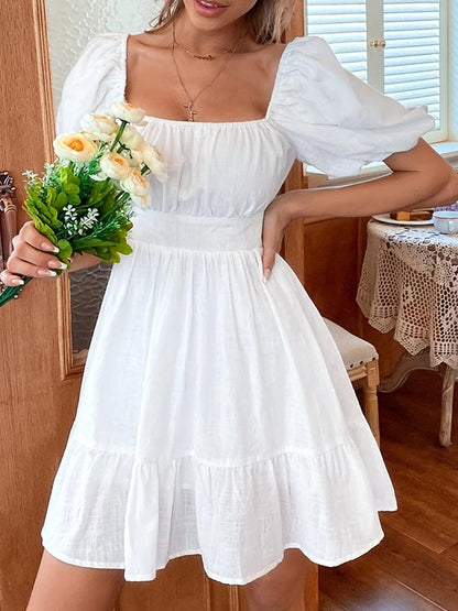 High Waisted Loose Backless Bowknot Elasticity Pleated Color Split-joint Square-neck Mini Dresses