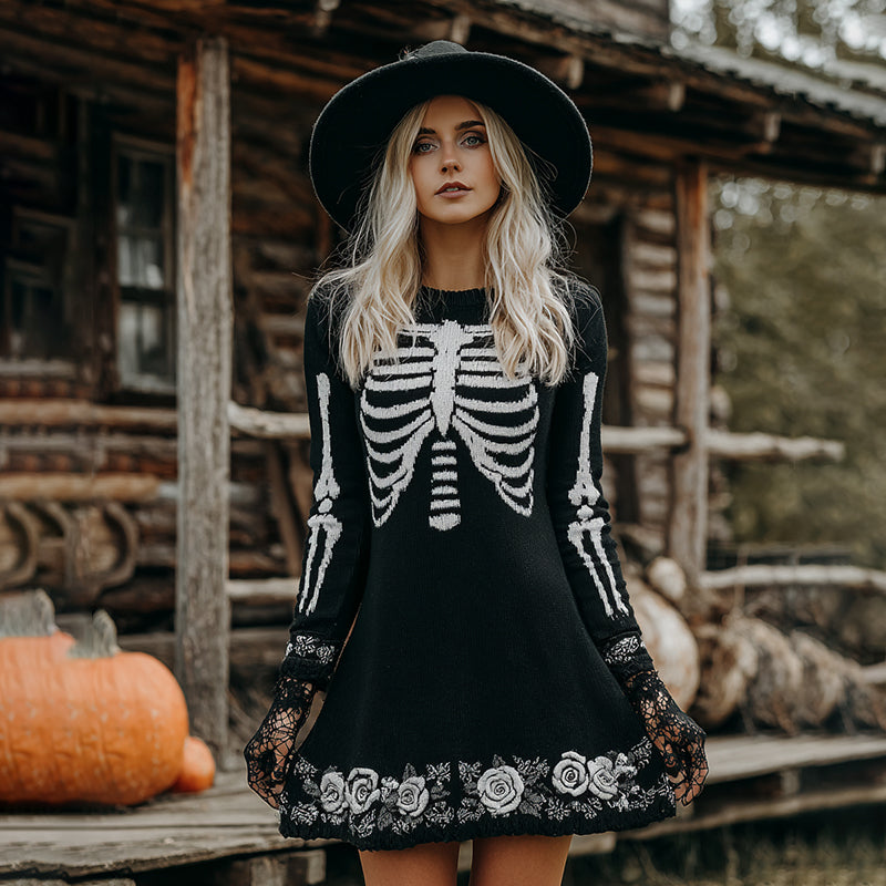 Comstylish Vintage Skull Rose Crew Neck Comfortable Witch Sweater Dress
