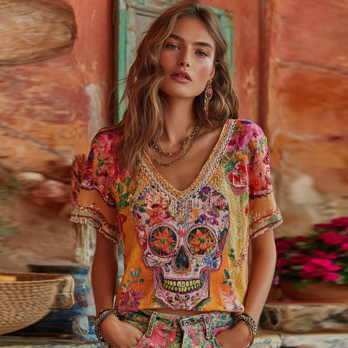 Women's Classic Mexican Sugar Skeleton Catrina Day Of The Dead Inspired Painting Embroidered Casual Linen  V Neck T-shirt elevenforest