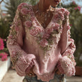 Women's Vintage Pink Rose Chunky Knit V-neck Sweater elevenforest