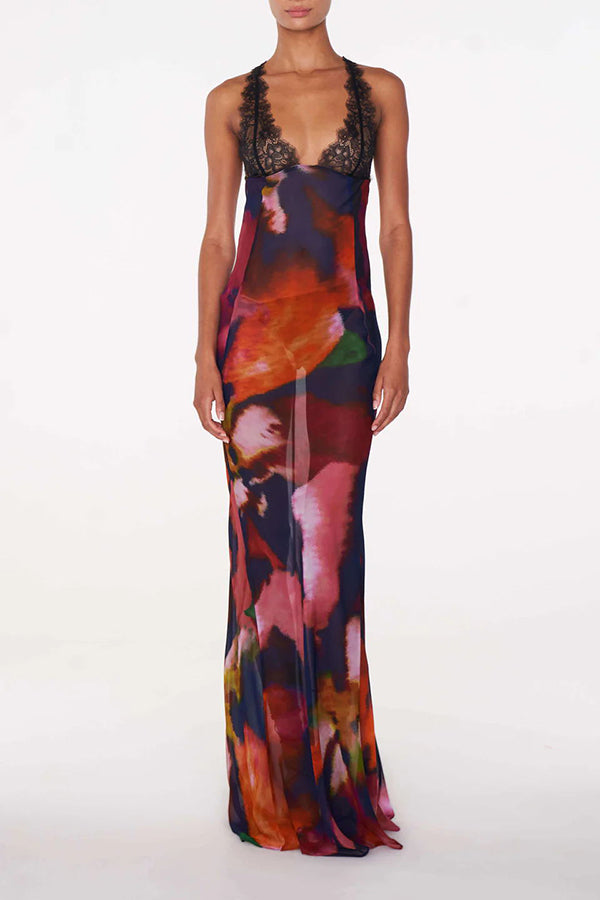 Rosalinda Abstract Print Lace Patchwork Back Lace-up Maxi Dress