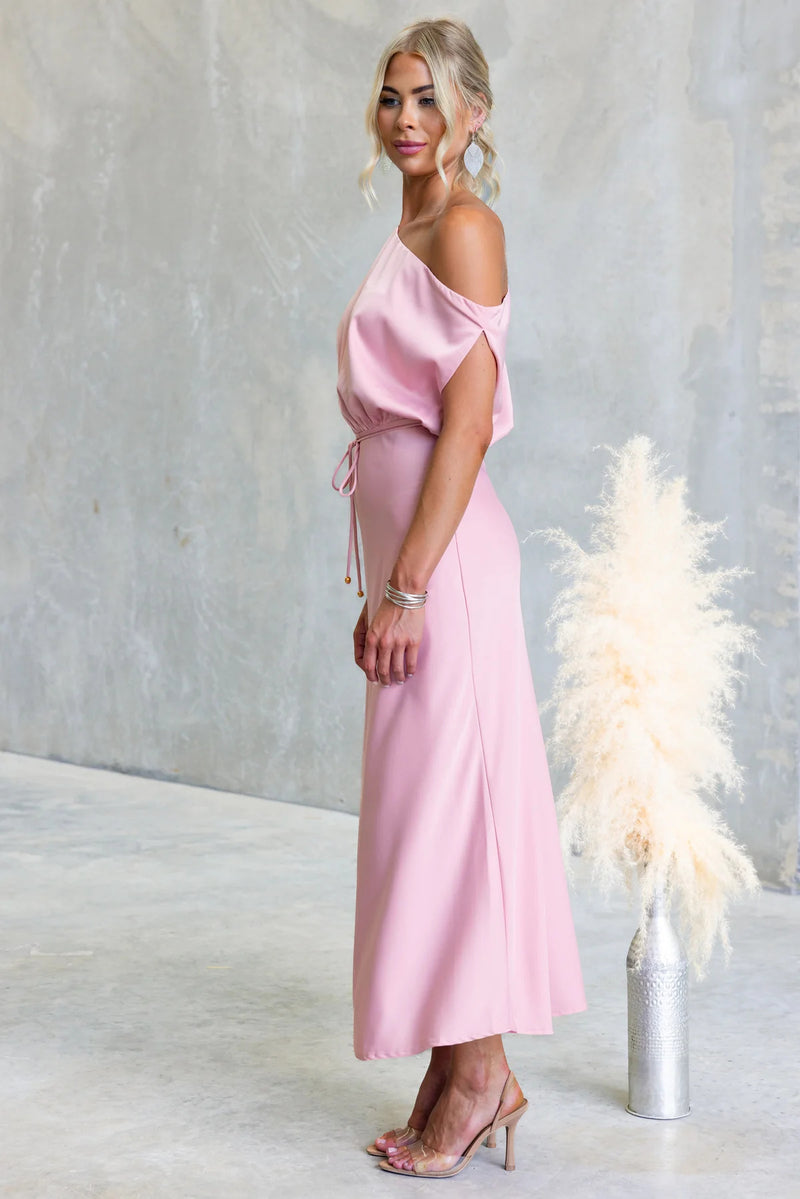 Color One-shoulder Sleeveless Belted Maxi Dress