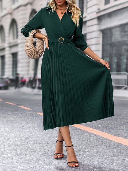 A-line Long Sleeves Belted Buttoned Pleated Lapel Midi Dresses