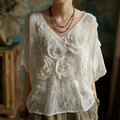 Bohemian Style Woman's V-neck White Rose Short-sleeved Shirt elevenforest