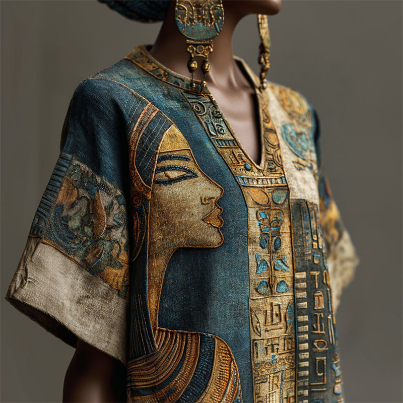 Ancient Egyptian Woman Face Ethnic Embroidered Linen Shirt elevenforest