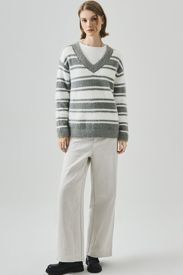 Oversized Striped V-neck Sweater