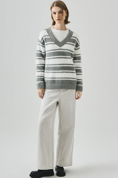 Oversized Striped V-neck Sweater