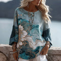 Vintage Gradient Marble Texture Floral Pattern Art Linen Three-quarter Sleeves Shirts elevenforest