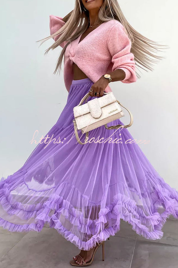 Tulle Stretch Waist Paneled Pleated Maxi Skirt