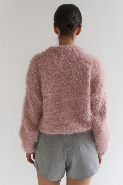 Color Button-up Faux Fur Knit Sweater