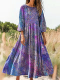 Women's Vintage Ethnic Art Print Flowy Cotton Crew Neck Dress