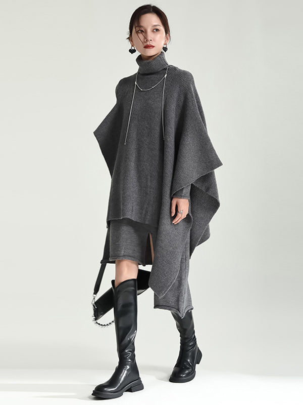 Long Sleeves Loose Color High-neck Shawl&sweater Dresses Two Pieces Set