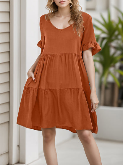 A-line Flared Sleeves Pleated Pockets Ruffled Color Split-joint Round-neck Mini Dresses