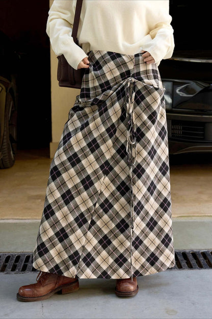 Asymmetric Color Block Plaid Midi Skirt